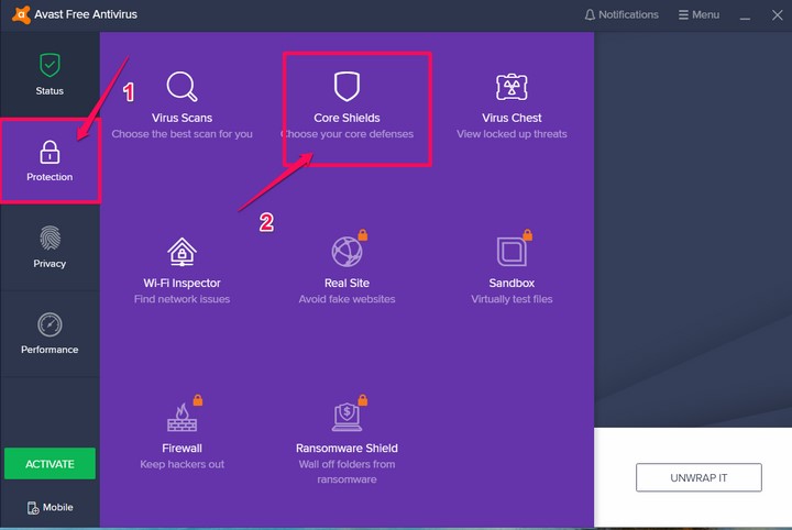 hình ảnh cách tắt Avast Antivirus một phần Protection » Core Shield