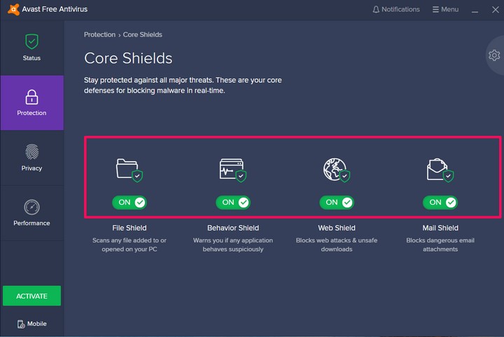 hình ảnh các chức năng Avast Antivirus tất cả các chức năng đều được bật lên