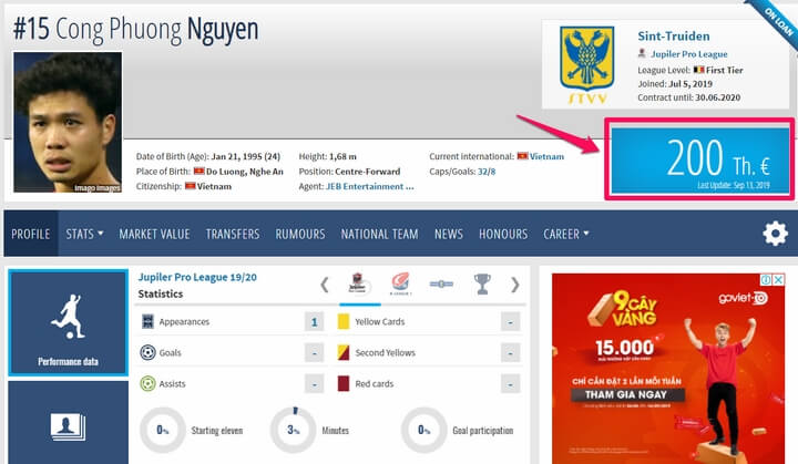 Transfermarkt đã định giá chuyển nhượng cầu thủ này là 200.000 euro (hơn 5,1 tỷ đồng) Transfermarkt đã định giá chuyển nhượng cầu thủ này là 200.000 euro (hơn 5,1 tỷ đồng)