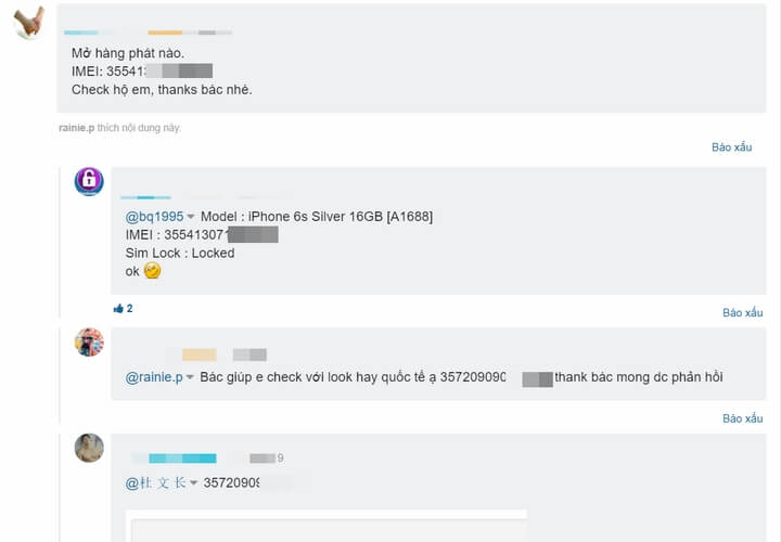 số imei được công khai chia sẻ một cách thoải mái trên các topic check imei