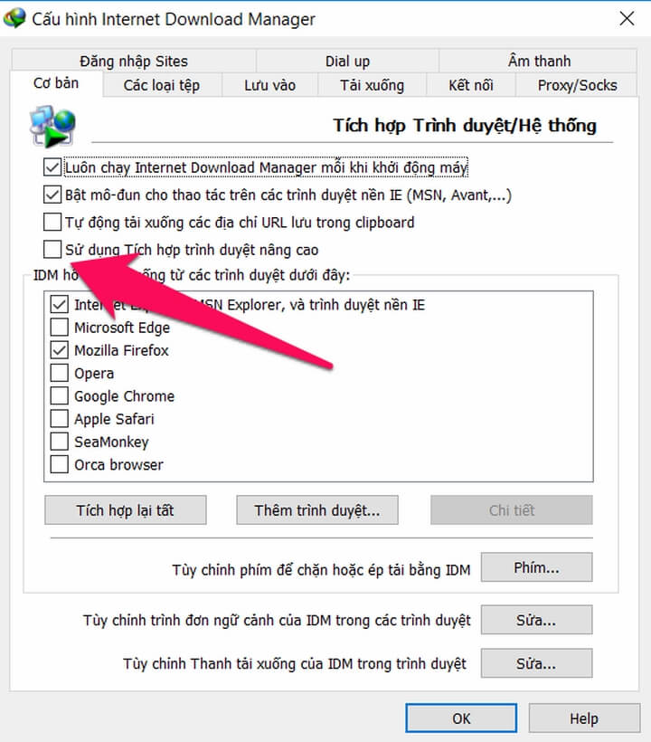 bỏ check ô "sử dụng tích hợp trình duyệt nâng cao"